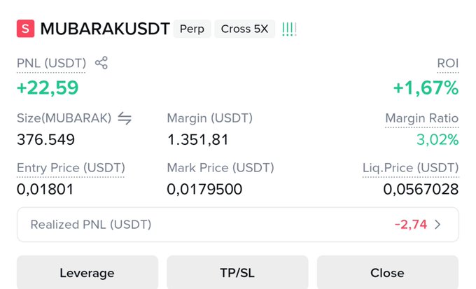 A screenshot of a trading interface showing an active long position on MUBARAKUSDT Perp with a current profit of +22.59 USDT (+1.67% ROI) at an entry price of 0.01801 and a liquidation price of 0.0567028, illustrating the trader's plan to close this long and open a short position amid the broader market crash mentioned in the post.