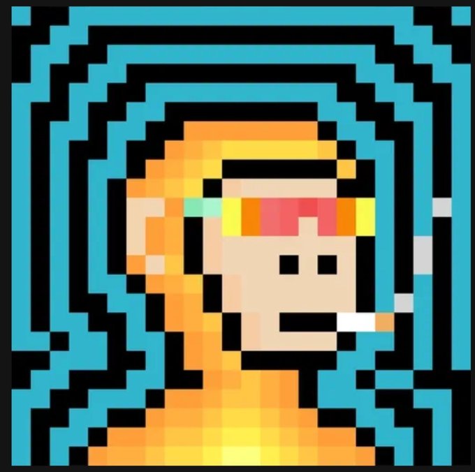 A pixel art portrait of a person with rainbow-colored glasses and a cigarette in their mouth, set against a hypnotic background of concentric blue and black squares.