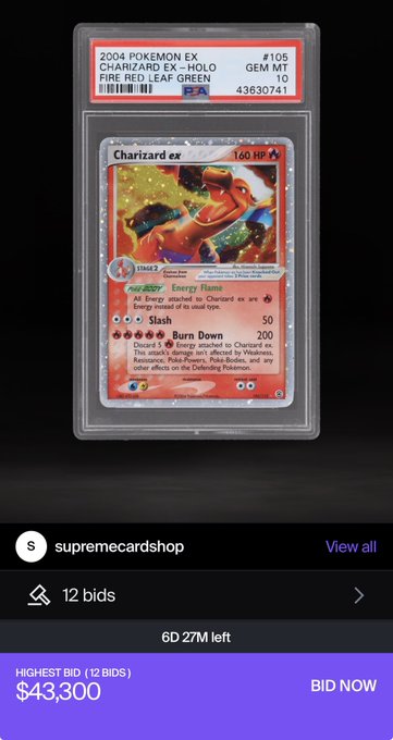 A PSA 10 graded 2004 Pokemon EX Charizard ex Holo card (Fire Red/Leaf Green, #105) is shown in a graded case with a current bid of $43,300 from 'supremecardshop'.