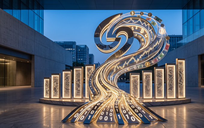 A large illuminated sculpture resembling a stylized question mark, adorned with Bitcoin logos, candlestick charts, and glowing binary digits (0s and 1s), stands in a modern plaza flanked by illuminated panels featuring cryptocurrency and financial symbols. The installation visually echoes the post's question about the origin of Binance's name, blending binary code (binary + finance) and Bitcoin motifs (bitcoin + finance) to represent the two popular theories of the name's etymology.

Visible text and numbers include "0" and "1" binary digits, Bitcoin "₿" symbols, and candlestick chart patterns — all reinforcing the cryptographic and financial themes tied to the name "Binance."
