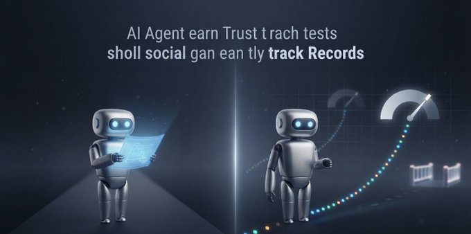 The image shows two AI robots—one holding a blue document and another gesturing toward a rising dotted performance graph—alongside text reading "AI Agent earn Trust" and "shall social gain can tly track Records." It visually reinforces the post's message about AgenticsCredit's Agentic Credit Score, which builds verifiable trust by tracking every trade an AI agent makes, transforming unproven strategies into trustworthy records worthy of capital.