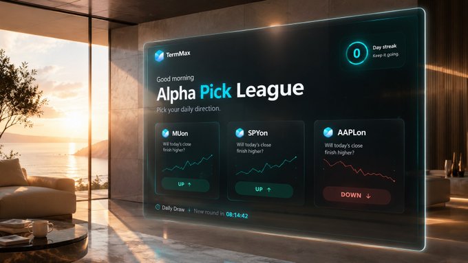 A futuristic digital display labeled 'TermMax' showing the 'Alpha Pick League' with predictions for MUon (UP), SPYon (UP), and AAPLon (DOWN) for a daily draw, with '0 Day streak' and a new round timer.