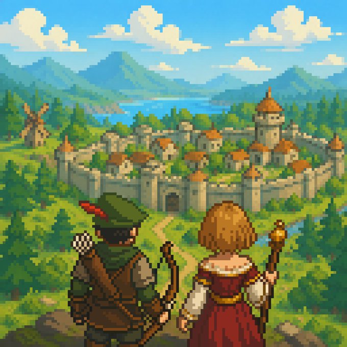 Pixel art illustration showing a character in green and a character in a red dress holding a staff, standing on a hill overlooking a walled medieval town with a windmill in the distance.