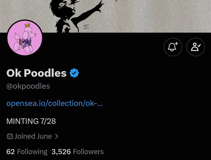 A Twitter profile page for "Ok Poodles" (@okpoodles) featuring a pink balloon poodle avatar, a verified badge, 3,526 followers, and a pinned post announcing "MINTING 7/28" with a link to their OpenSea collection, aligning with the post's details about 6,969 Balloon Poodles launching on Ethereum.