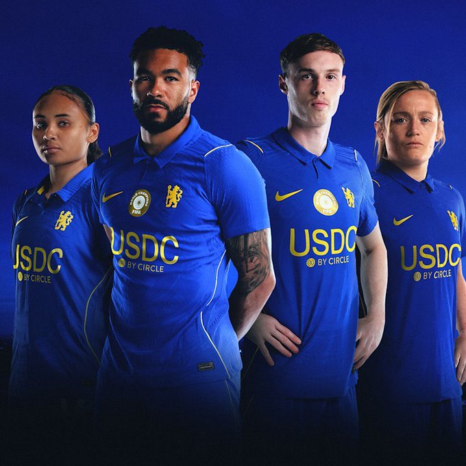 Chelsea football club players modeling their new blue USDC by Circle sponsored jersey kit.
