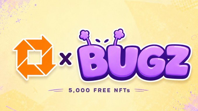 The image is a promotional banner featuring the orange "Unvault" logo alongside the stylized purple "BUGZ" logo with antennae, connected by an "x" to indicate a collaboration, with "5,000 FREE NFTs" displayed below—visually reinforcing the post's announcement of Unvault's Genesis Bugz free mint collection.