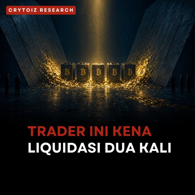 A dramatic image featuring gold bars with Bitcoin symbols in a V-shaped structure, with text 'CRYTOIZ RESEARCH' and 'TRADER INI KENA LIQUIDASI DUA KALI'.