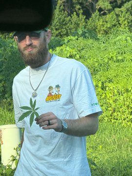A man wearing sunglasses and a white graphic t-shirt, with a beard and silver chain necklace, standing outdoors holding what appears to be a cannabis leaf against a green foliage background.
