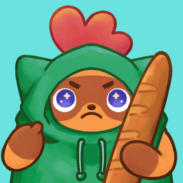 A cartoon character wearing a green frog/cat hoodie with starry eyes, holding a baguette against a cyan background.