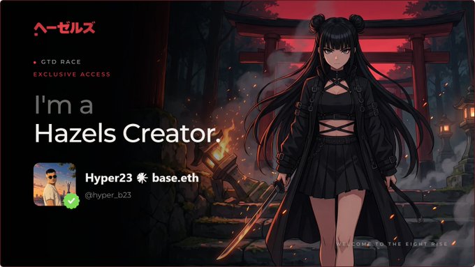 A digital profile page featuring an anime-style character holding a sword, with text reading 'I'm a Hazels Creator.' and a username 'Hyper23' linked to 'base.eth'.