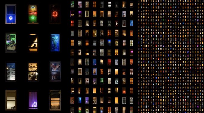 The image displays a grid of squares with different images or photographs placed within each square. The squares vary in size and have overlapping elements, creating a layered appearance. The majority of these elements appear to be windows from various buildings, including one that has a neon sign attached above it. These windows display an array of colors, adding visual interest to the composition. There is also some text present throughout the image providing context about the artwork or related information.