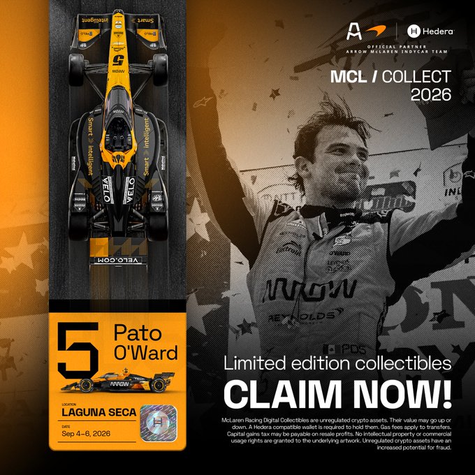 Promotional graphic for MCL Collect 2026 featuring Arrow McLaren driver Pato O'Ward, showing his number 5 race car at Laguna Seca on September 4-6, 2026, with Hedera as the official partner.