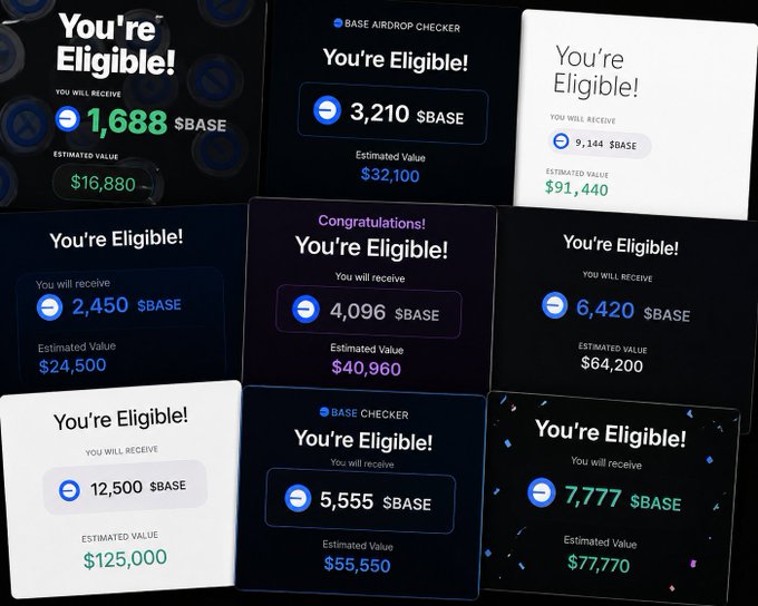 A collage of multiple 'You're Eligible!' Base Airdrop Checker screenshots showing various $BASE token allocations ranging from 1,688 to 12,500 tokens with estimated values from $16,880 to $125,000.