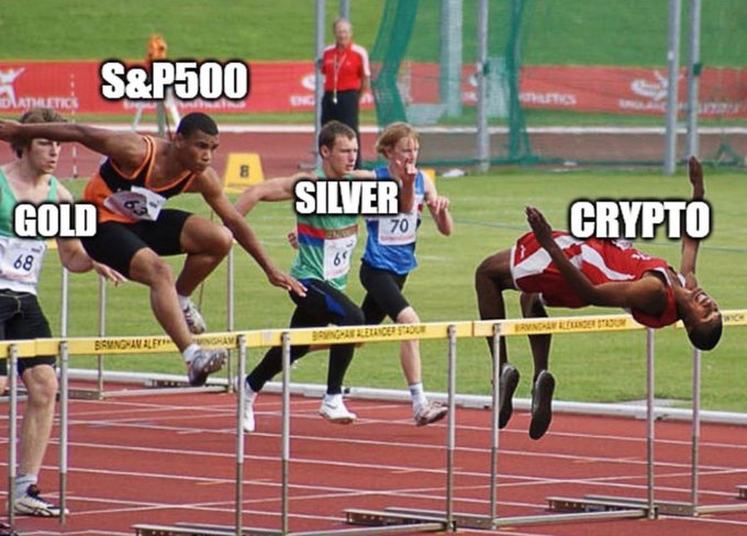 A humorous meme using a hurdles race photo where three athletes are labeled "GOLD," "SILVER," and "S&P500," while a fourth athlete who has crashed into a hurdle is labeled "CRYPTO," suggesting cryptocurrency's poor performance compared to traditional assets.
