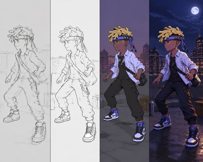 A four-panel progression shows the creation process of a digital illustration of a stylized character with blonde dreadlocks, a blue bandana, and high-top sneakers, evolving from rough pencil sketch to a fully rendered nighttime rooftop scene with a city skyline and full moon. The artwork ties to the post's mention of an "Azuki Kid" NFT profile picture, showcasing the artist's process behind the generative character piece shared on social media.
