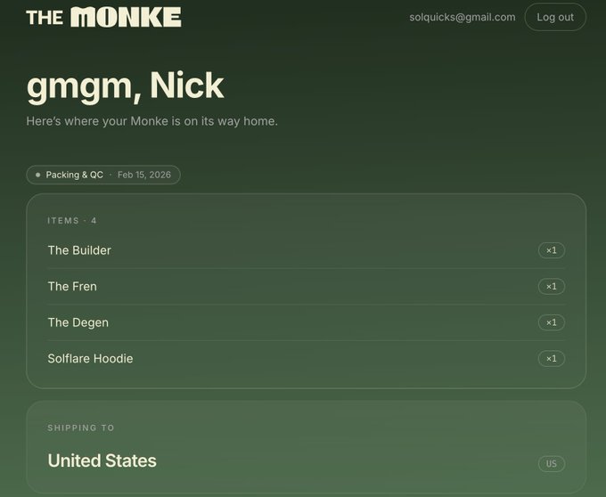The image shows a "THE MONKE" order tracking page for user "gmgm, Nick," confirming that an order containing four items (The Builder, The Fren, The Degen, and Solflare Hoodie) is currently in the "Packing & QC" stage as of Feb 15, 2026, shipping to the United States—supporting the post about their MonkeBuBu merchandise being en route.