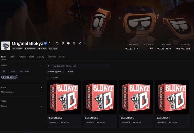 A user shows off their four "Original Blokyz" NFTs from a collection with a 0.152 ETH floor price, matching their post about successfully acquiring four pieces through the raffle despite missing the presale.