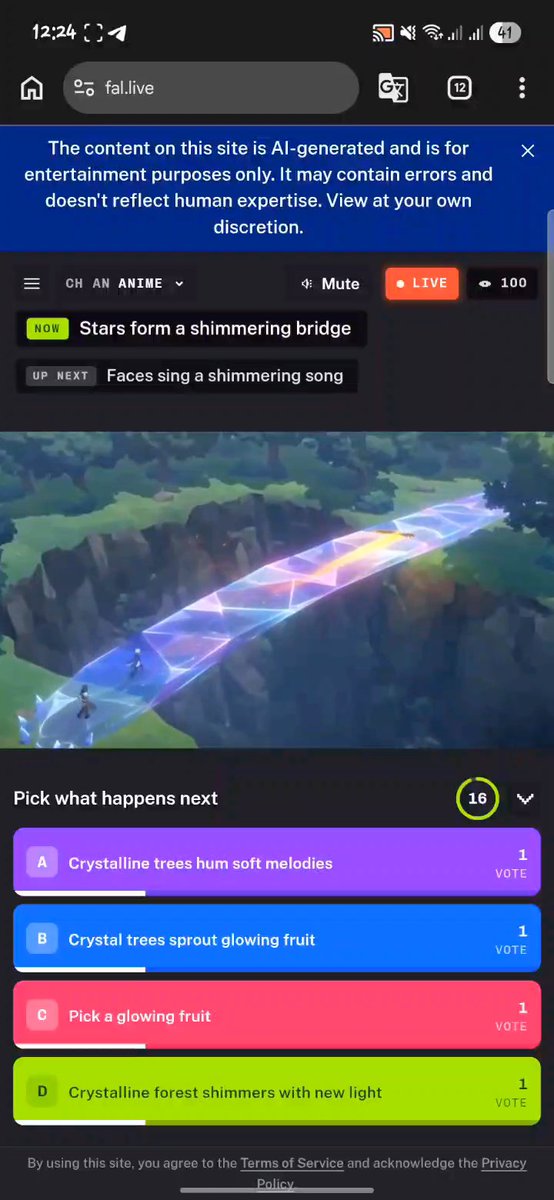 A mobile screenshot of 'fal.live' showing an AI-generated anime stream with a crystalline bridge over a forest, featuring a live poll to 'Pick what happens next' with four voting options: A, B, C, and D.