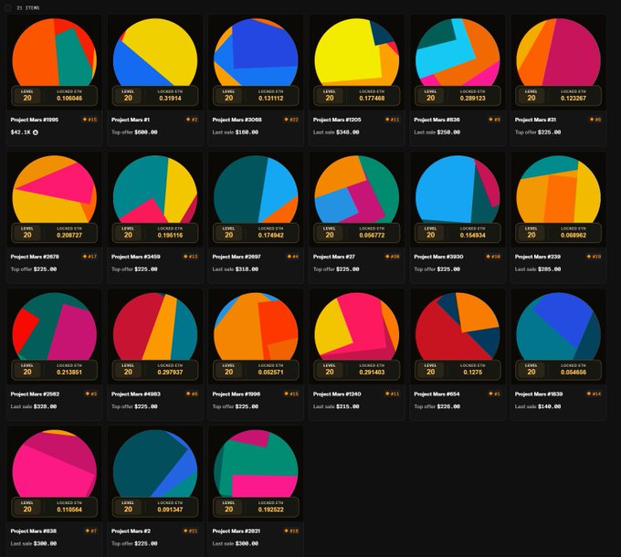 A dark dashboard displays 21 colorful pie charts labeled 'Project Mars' with various numbers (#595, #1, #3008, #2008, #9, #5230, #31, #2678, #5459, #2697, #27, #2930, #229, #2982, #8933, #9960, #2040, #854, #1839, #638, #5, #3831), each showing betting odds with 'LEVEL 20' locked STN values.