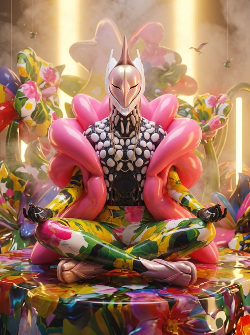 A vibrant digital artwork showing a meditating figure in an ornate golden and silver mask, wearing a colorful patterned outfit surrounded by large pink flowers, in a lotus position.