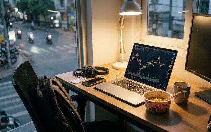 A dimly lit desk setup by a window overlooking a city street, featuring a laptop displaying a trading chart, headphones, a coffee mug, and a bowl of cereal.