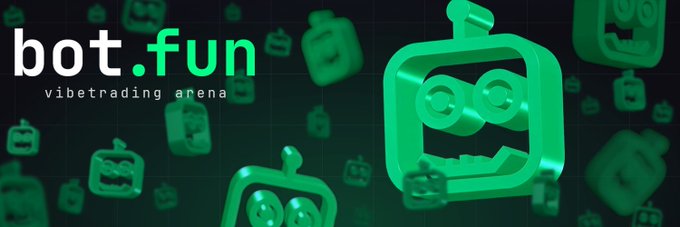 Green-themed banner for 'bot.fun' vibetrading arena featuring a robot mascot with multiple similar logos scattered in the background.