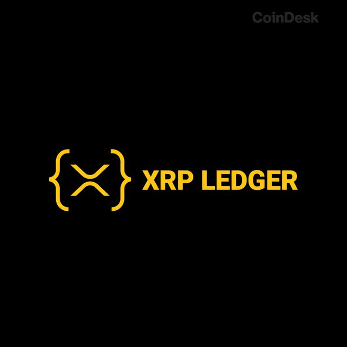 The XRP Ledger logo featuring its signature "X" enclosed in curly braces alongside the text "XRP LEDGER," accompanying an update on the network's v3.2.0 upgrade adoption among validators and nodes.