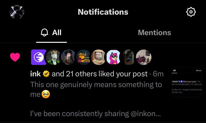 A screenshot of a social media notifications page showing that 'ink and 21 others liked your post' with a caption reading 'This one genuinely means something to me 🥺' and 'I've been consistently sharing @inkon...'.