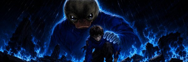 An anime-style illustration features a giant duck-headed figure looming over a young man amid blue flames and debris.