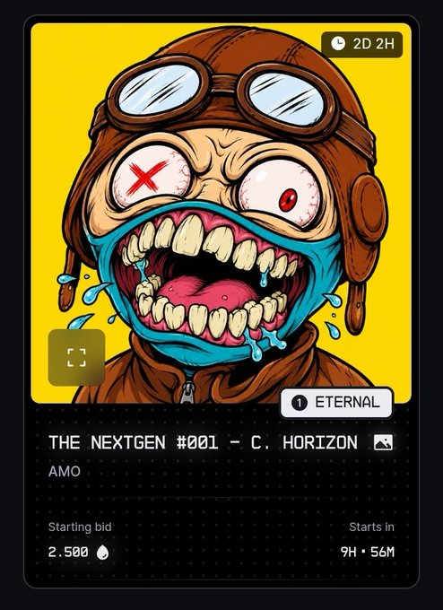 A digital NFT listing on a yellow background featuring a cartoon illustration of a pilot character with wide eyes and an exaggerated toothy grin, titled 'THE NEXTGEN #001 - C. HORIZON' with a starting bid of 2,500 and 9H 56M remaining.