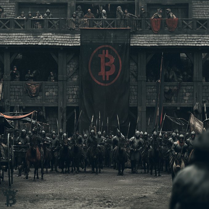 A medieval scene with armored knights on horseback gathered before a wooden fortress, where a large dark banner displays the Bitcoin (B) logo in red.