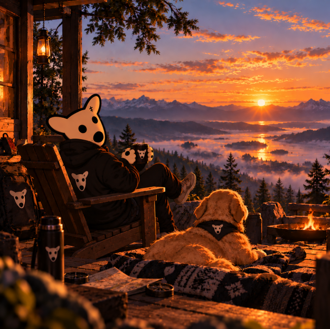 An AI-generated digital artwork showing a hooded figure with a star-shaped mask sitting in a wooden chair at a cabin porch, watching a sunset over misty mountains, with a golden retriever dog wearing a bandana beside them.