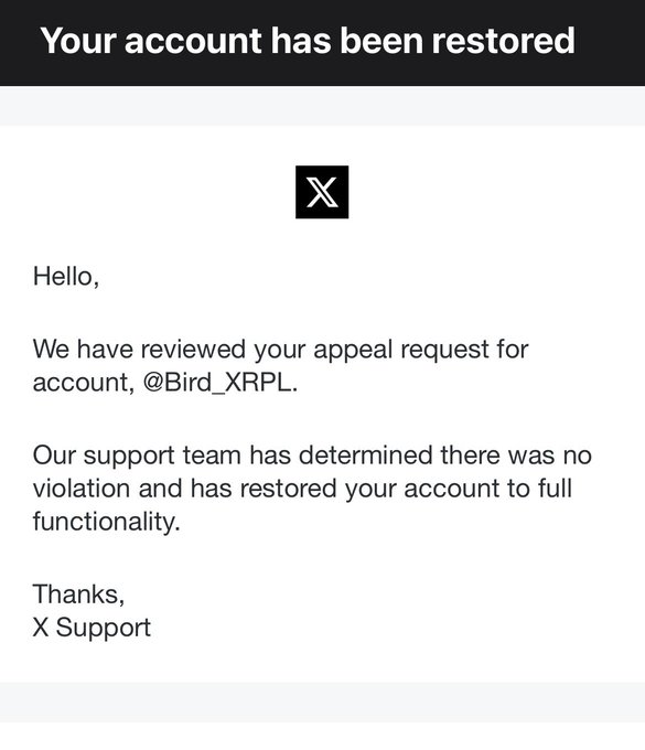 The image shows a letter addressed to an account holder, which has been sent via email. It appears that there was an issue with the account or payment, as indicated by the message stating "Your account has been restored". The letter also mentions that the account holder is being supported by the XRP family and thanks them for their support.