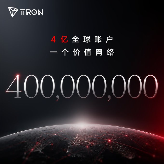 A promotional graphic from TRON celebrating its milestone of 400,000,000 global accounts, featuring the Chinese text "4亿全球账户 一个价值网络" (400 million global accounts, one value network) above a stylized glowing planet, visually reinforcing the network's expansive global reach.