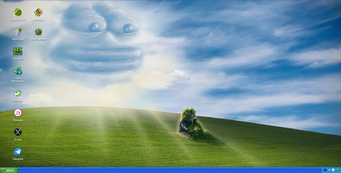A classic Windows XP desktop wallpaper featuring 'Bliss' with the green hills and blue sky, displaying desktop icons like 'My Documents', 'Kek', 'Steam', and a 'Telegram' shortcut on the taskbar.