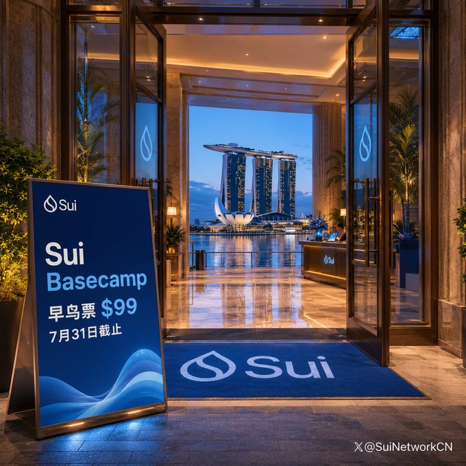Sui Basecamp promotional sign advertising $99 early bird tickets with a July 31 deadline, displayed at an entrance with Marina Bay Sands visible in the background.