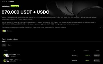 A X Liquidity promotional page highlights a 970,000 USDT + USDC rewards pool for depositing eligible products, alongside a "Stake tokens" pool section listing XDU+USDC (9.94% APY, 320,477 staked) and SPCX+USDC (63.14% APY, 206,476 staked). The image relates to the post by showcasing the OKX RWA liquidity incentives with high APY options and large reward pools that users can leverage with the suggested low-risk staggered trading strategy.