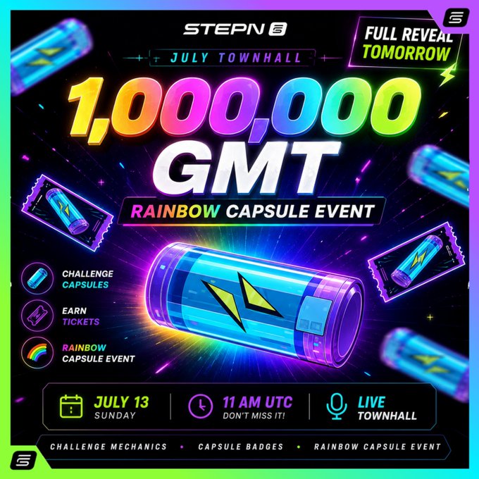 A promotional graphic for STEPN's July Townhall event featuring the '1,000,000 GMT Rainbow Capsule Event' with details for July 13, Sunday at 11 AM UTC, including challenge capsules, earn tickets, and rainbow capsule event features.