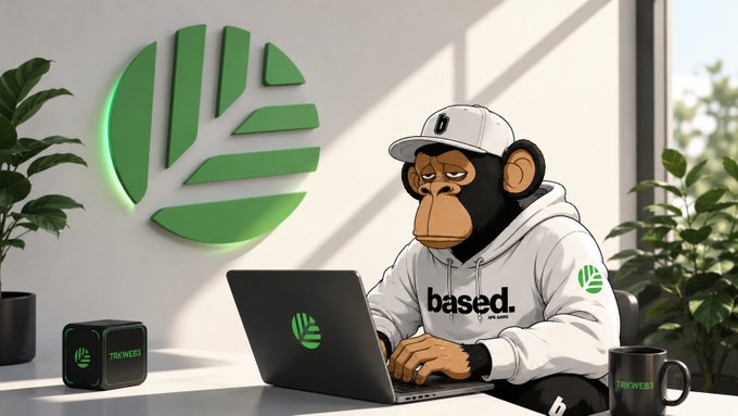 A 3D-rendered image of a monkey character wearing a white 'based.' hoodie and white cap, working on a laptop with green tree logos, with matching 'TRINWEBS' branding on a mug and cube, set in a modern office with plants.