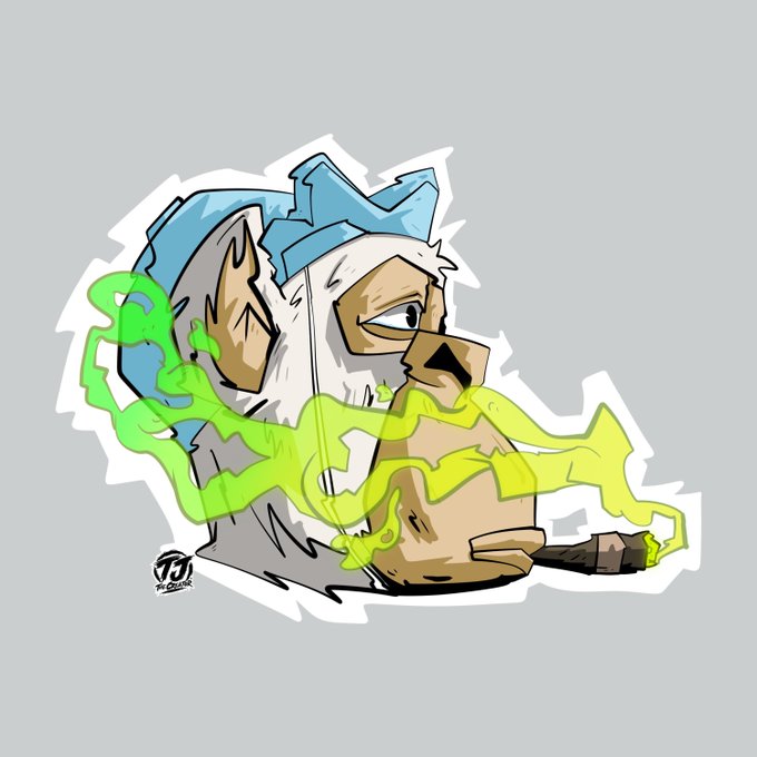 An edgy cartoon illustration of a hooded figure wearing a blue crown, emitting green smoke or energy, holding what appears to be a staff.