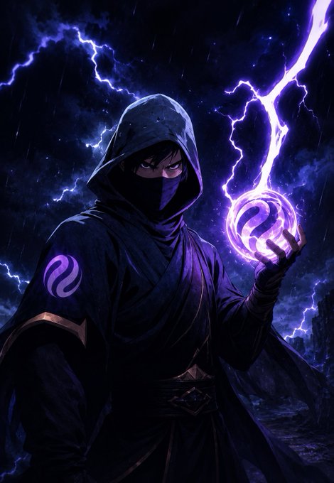 The image features a character dressed as a black wizard with a hooded cloak holding a purple orb above their head, which appears to be glowing or emitting a bright light. The background of the image shows a dark sky filled with lightning bolts, creating an intense atmosphere. The caption for this image reads "Relentlessly we build. Relentlessly we watch But now it'S becoming obvious. @injective isn' s just fast anymore. It'S fast, ridiculously cheap, and still shipping".
