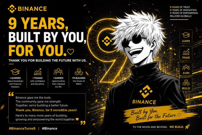 A Binance cryptocurrency exchange promotional graphic celebrating "9 YEARS, BUILT BY YOU, FOR YOU" featuring an anime-style character with white spiky hair and sunglasses, highlighting 9 years of trust, innovation, and empowering millions globally, with the hashtags #BinanceTurns9 and #Binance.