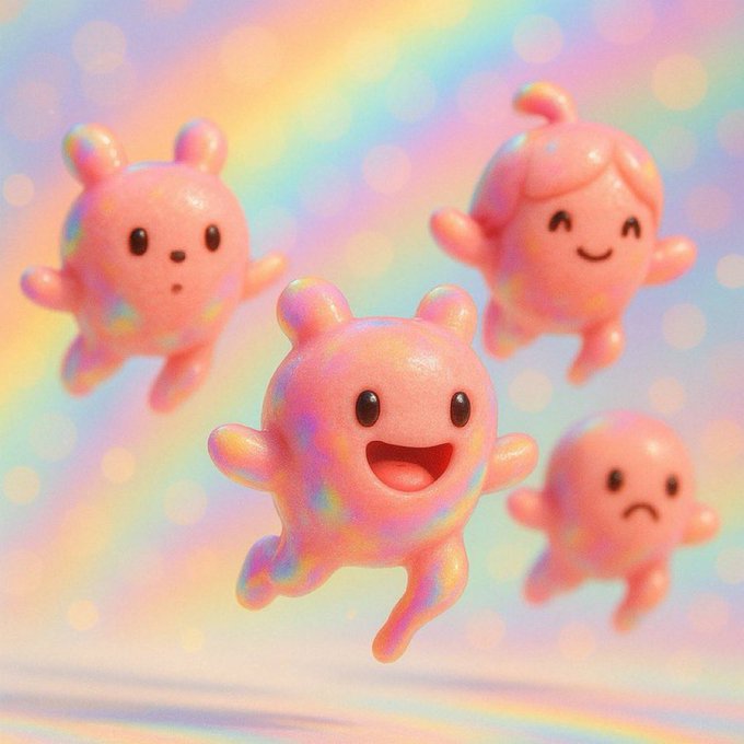 A colorful 3D-rendered illustration of four cute pink bunny-like creatures with various facial expressions against a pastel rainbow background with a rainbow at the bottom.