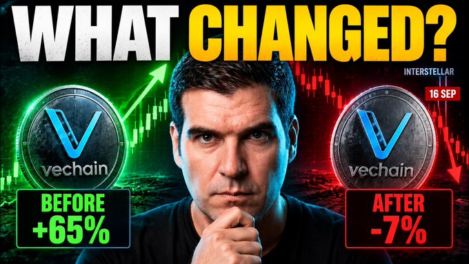 A YouTube thumbnail featuring a man looking thoughtfully at the camera, with "WHAT CHANGED?" in bold text above, and two VeChain (VET) logos flanking him showing a "+65%" gain on the left and a "-7%" drop on the right, illustrating the post's point that the recent "Interstellar" upgrade on September 16 caused a price rally followed by a decline for VET holders.