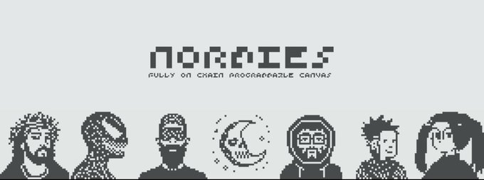A pixel art promotional graphic for the 'NORA' NFT project on the fully on-chain programmable canvas.