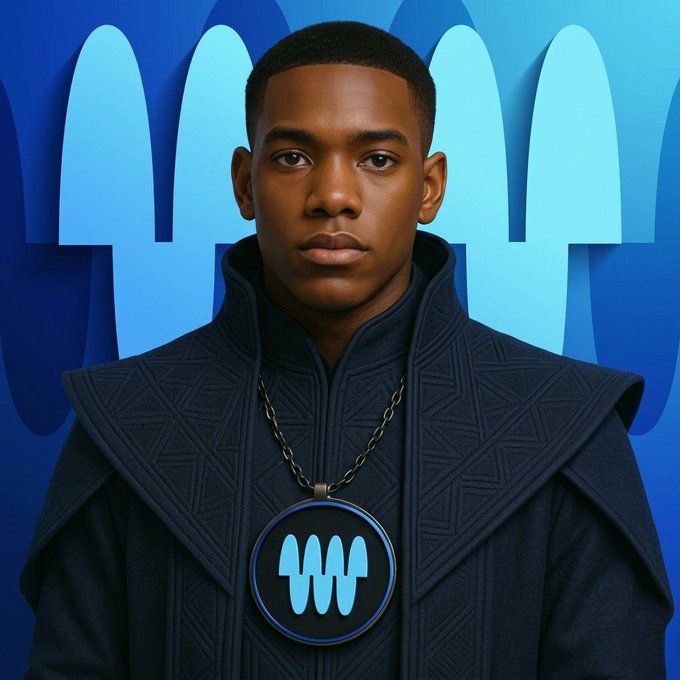 A portrait of a young man wearing a dark blue textured robe and a circular pendant featuring a light blue waveform logo, set against a blue background with similar waveform patterns.