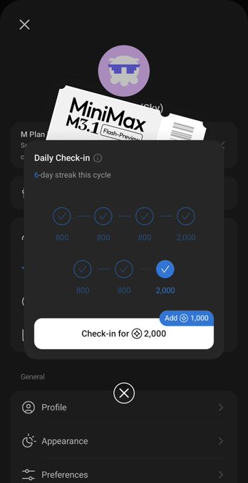 A mobile app screen showing a 'Daily Check-in' interface with a 6-day streak, 800 and 2,000 point rewards, and a 'Check-in for 2,000' button, with 'MiniMax M3.1 Flash-Preview' text visible.