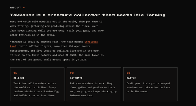A webpage describing 'Yakkamon,' a creature collector and idle farming game by Thought Farm (built live in the open), with sections labeled '01 COLLECT', '02 AUTOMATE', and '03 BATTLE'.