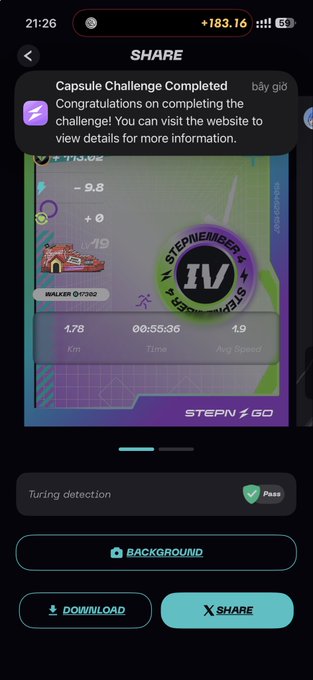 STEPN GO app screenshot showing 'Capsule Challenge Completed' with a walking/running stats card displaying 1.78 Km, 00:55:36 Time, and 1.9 Avg Speed, with sharing and download options.
