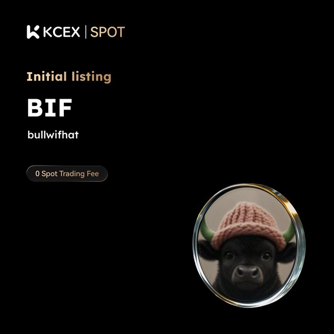 KCEX Spot exchange announcement for the initial listing of 'BIF' (bullwifhat) token with a '0 Spot Trading Fee' promotion, featuring a black bull wearing a pink beanie inside a circular frame.